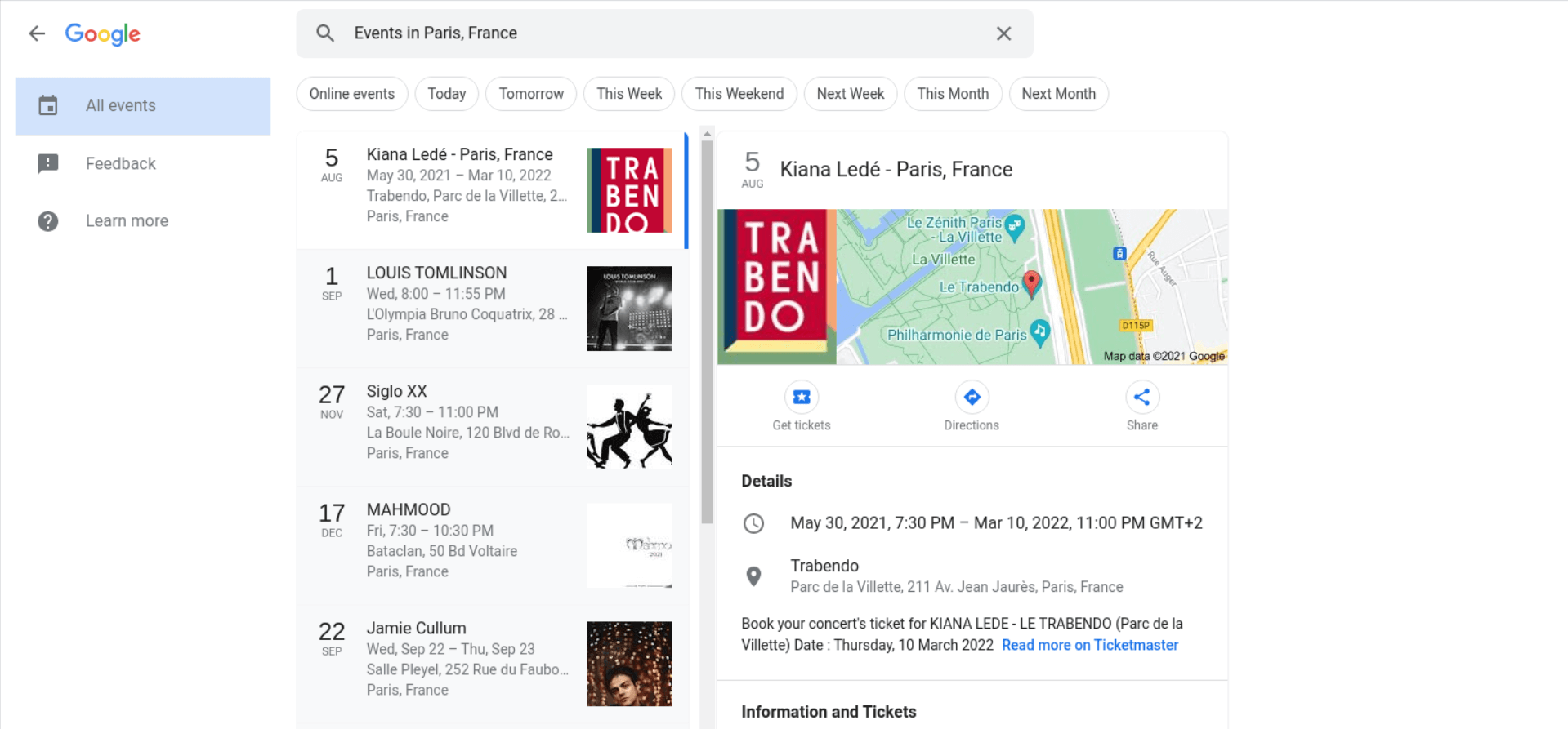 Google Events API example